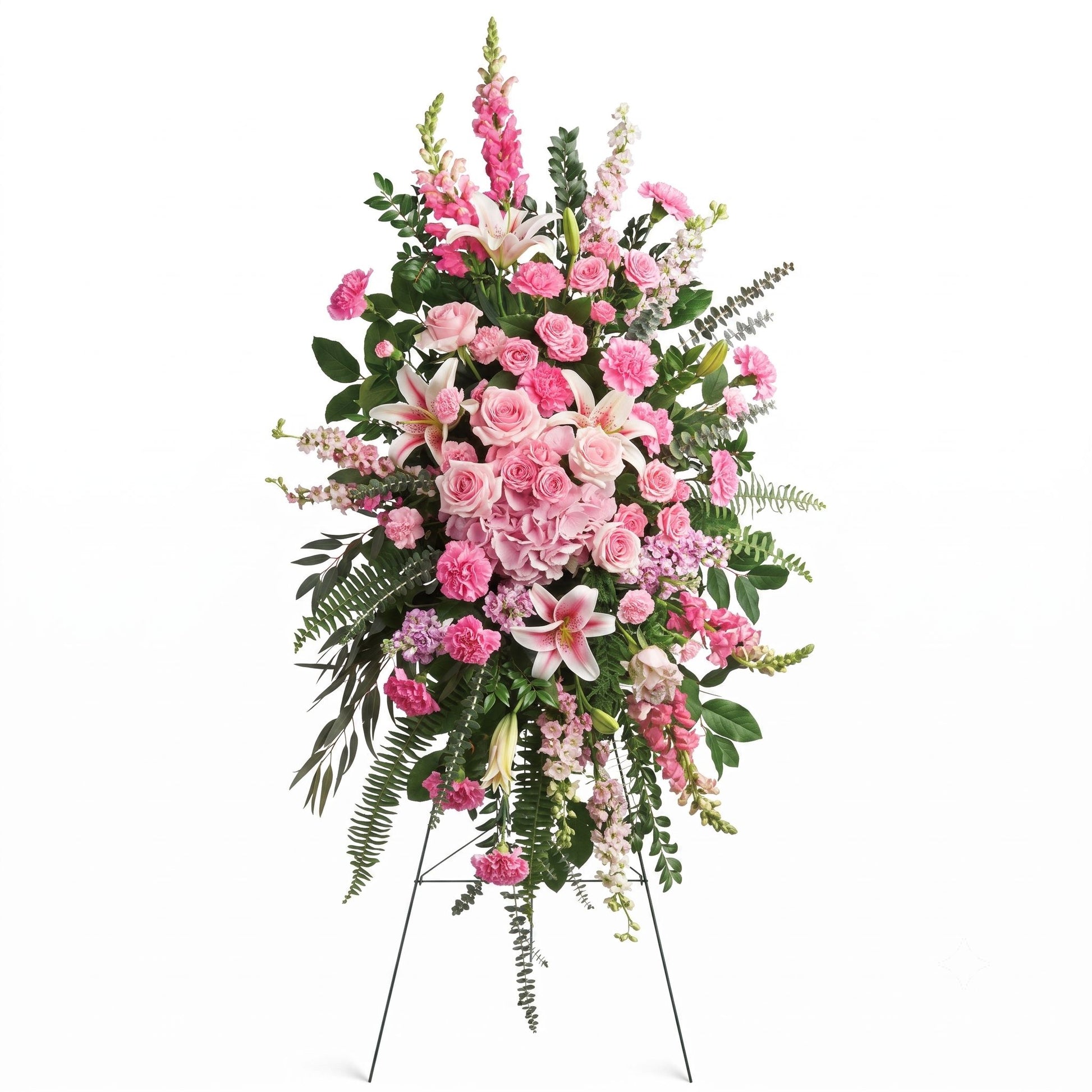 Pink rose, hydrangea and stargazer lily standing spray on easel