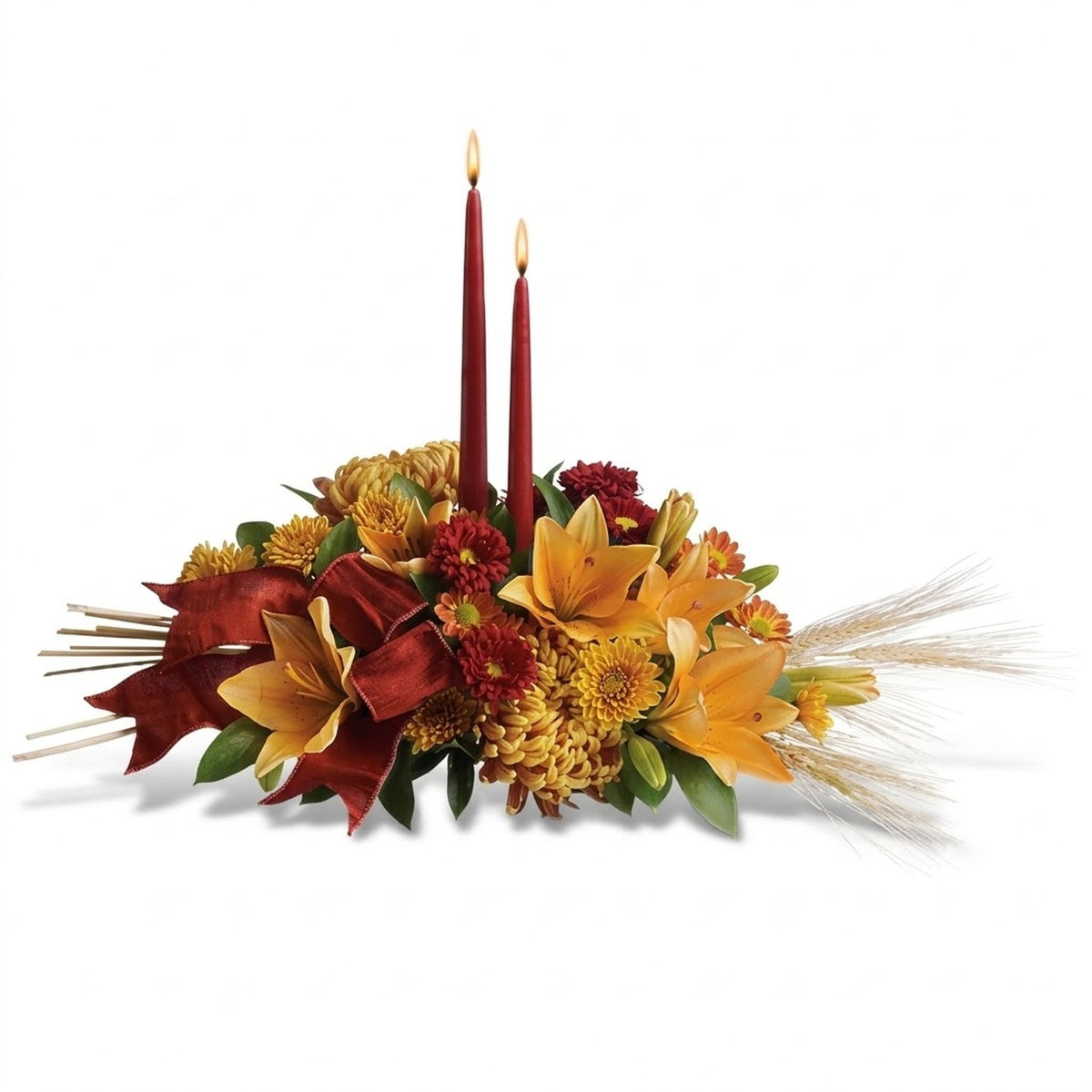 Graceful Glow Centerpiece with red roses, orange lilies and candles from Karen's Floral in Bolingbrook, IL