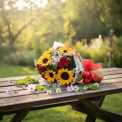 Heartfelt Sunflower and Roses Wrapped Bouquet in Natural Setting