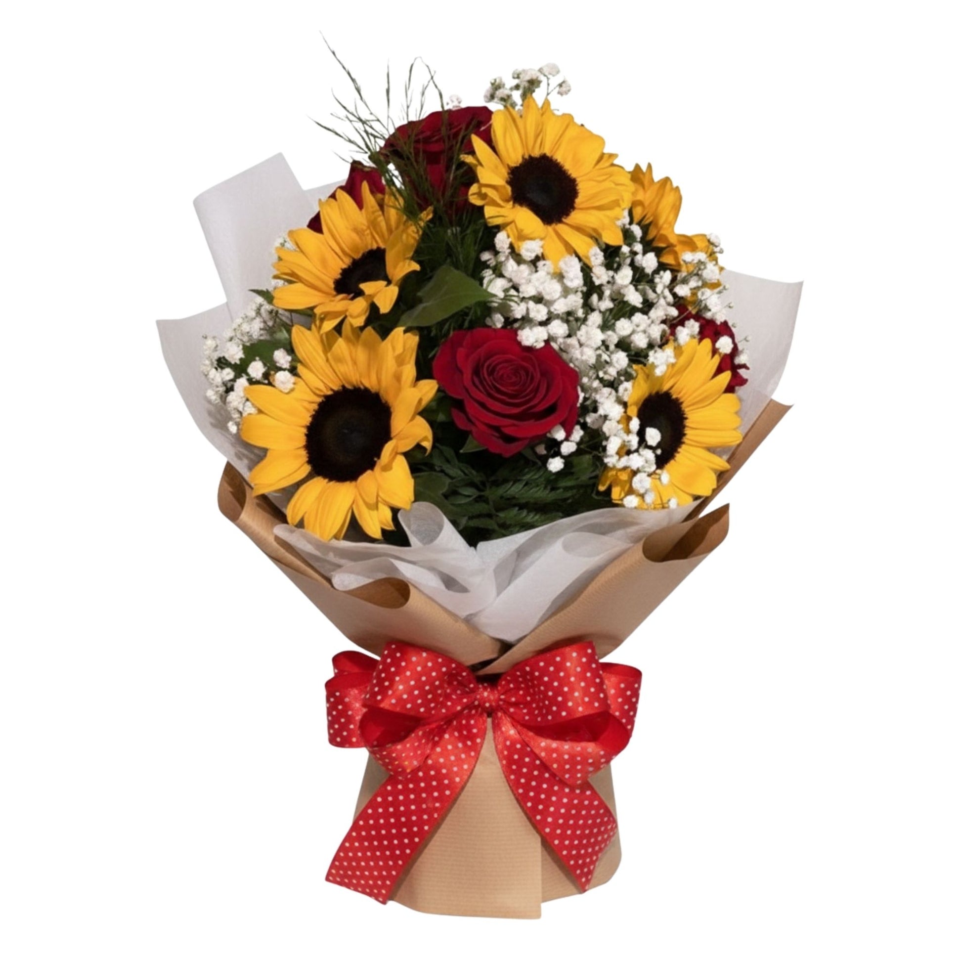 Sunflowers and red roses wrapped bouquet with red polka dot ribbon — Karen's Floral Expressions, Bolingbrook, IL