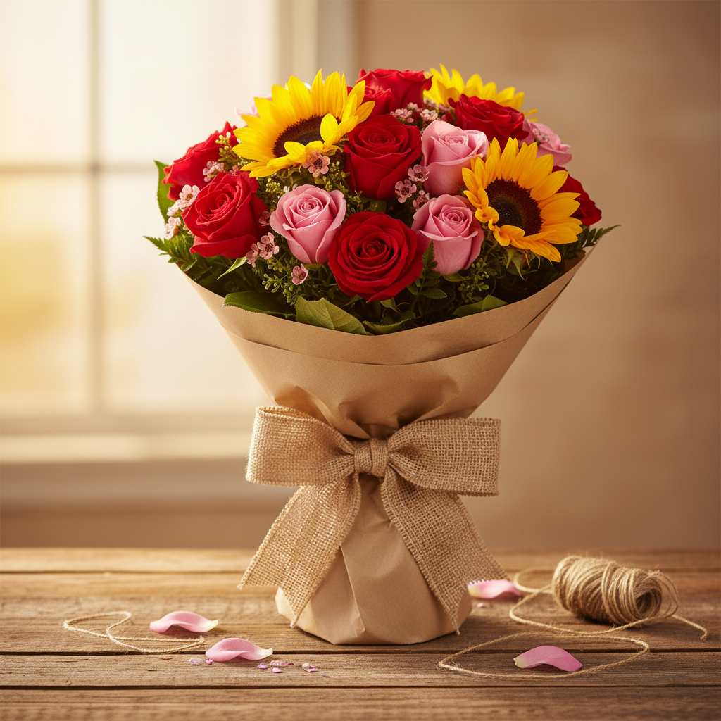 Heartfelt Sunflower and Roses Wrapped Bouquet