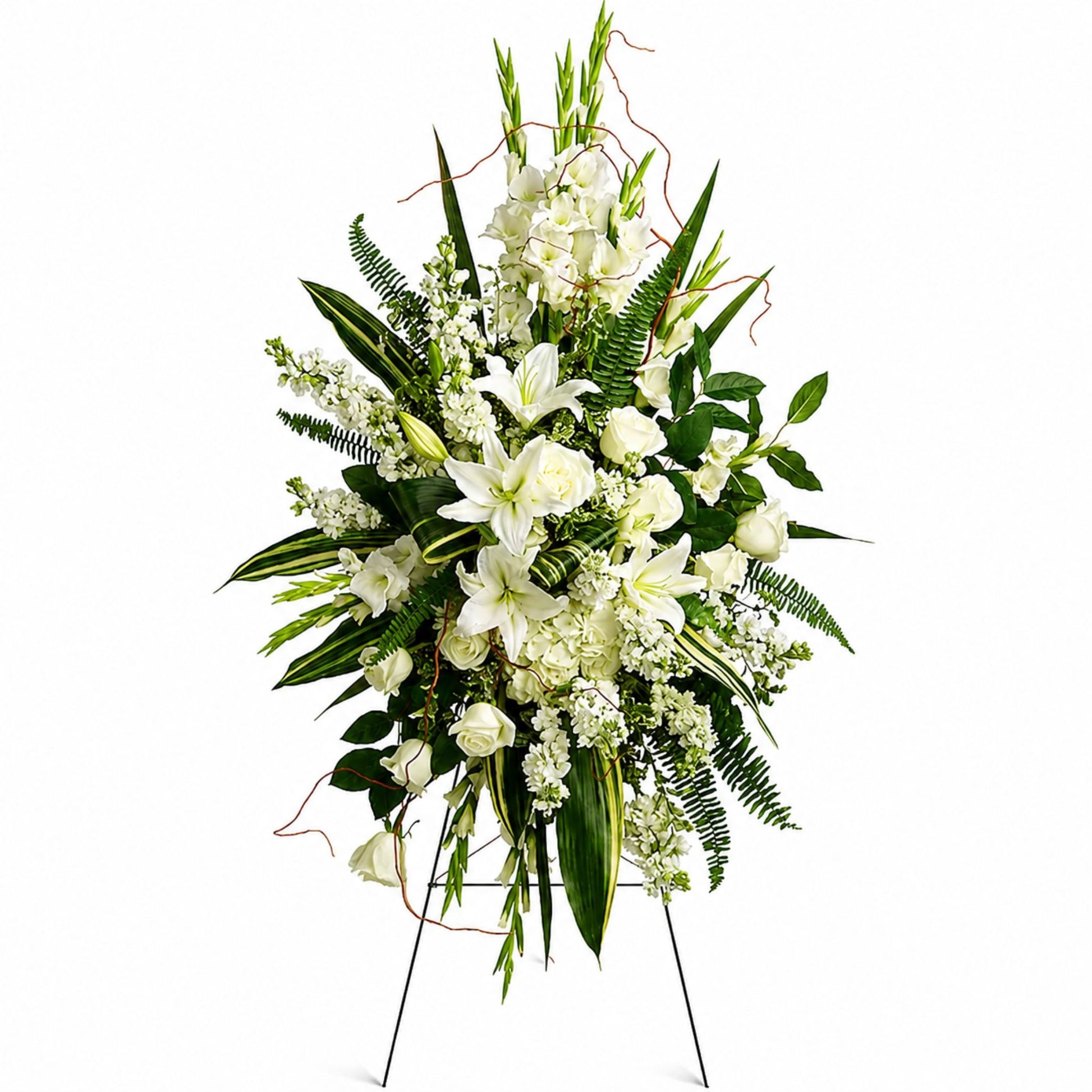 White lily and gladiolus standing spray with curly willow accents
