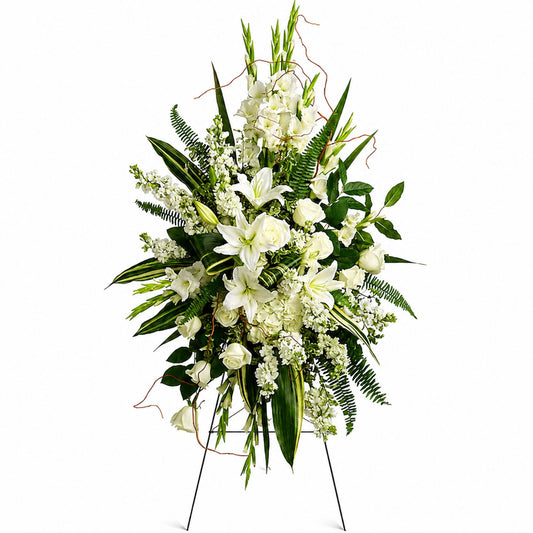 White lily and gladiolus standing spray with curly willow accents
