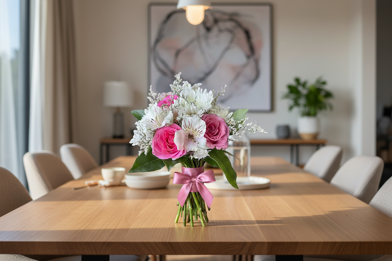 Hot Pink Hand-Tied Bouquet – Interior Setting