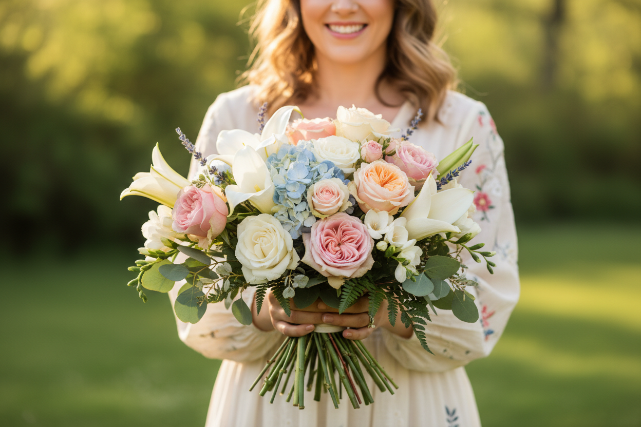 Woman holding the Goodness and Light Bouquet