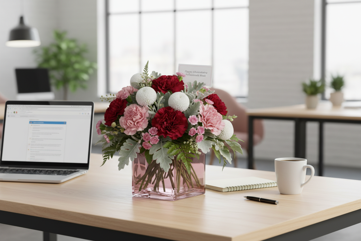 Pink Tranquil Love Bouquet in an office setting