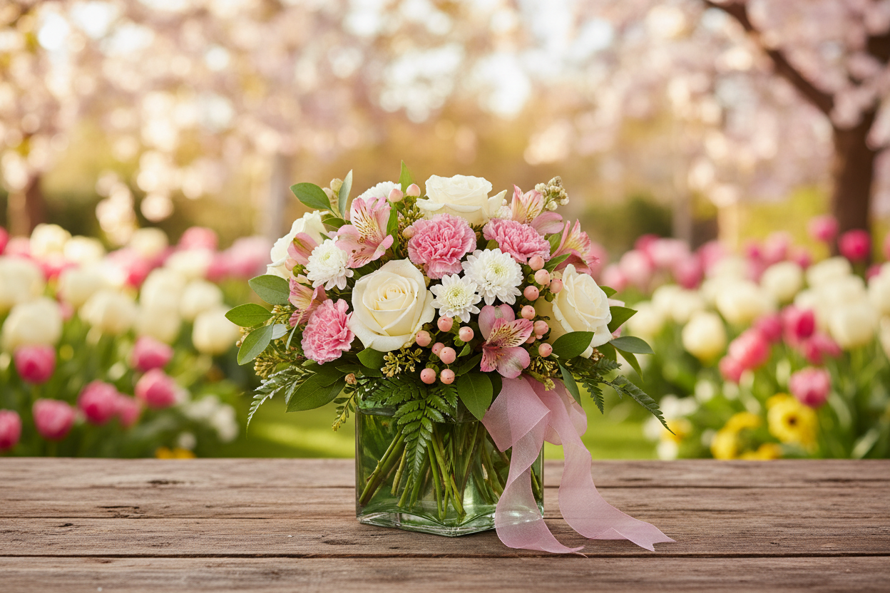 Pops of Pink Bouquet in a natural outdoor setting