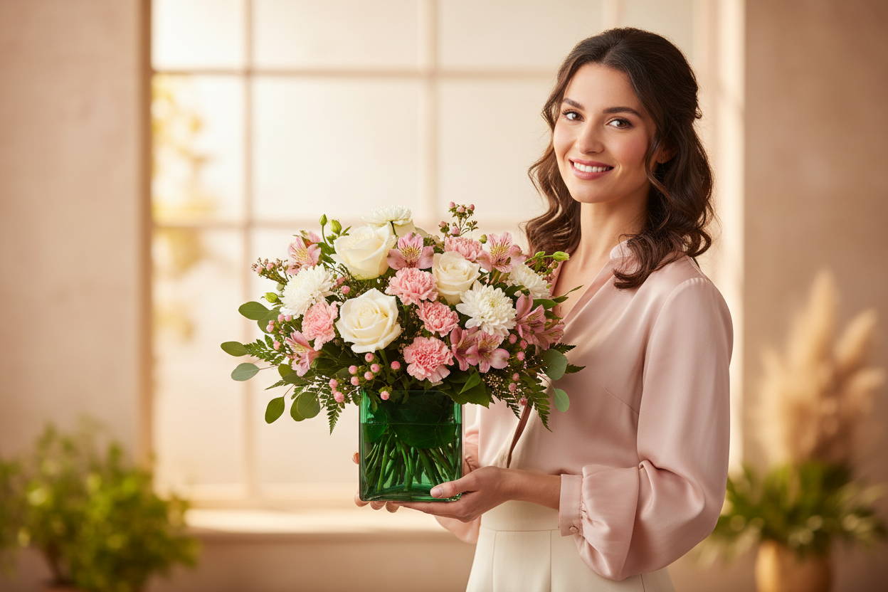 Woman holding the Pops of Pink Bouquet