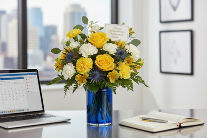 Golden Blue Bouquet in an office setting