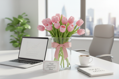 Precious Pink Tulips in an office setting