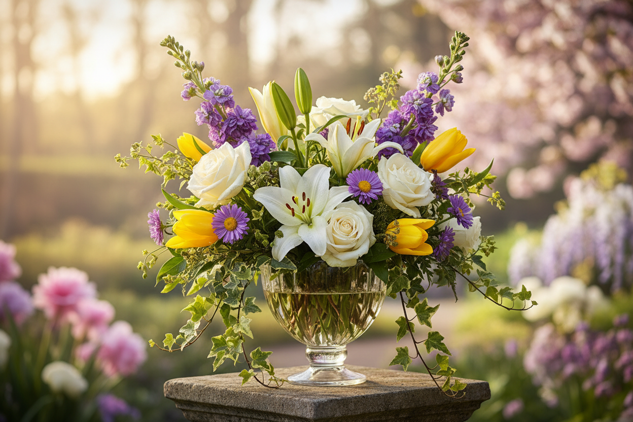 Spring Waltz arrangement in a natural outdoor setting