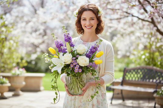 Woman holding the Spring Waltz arrangement