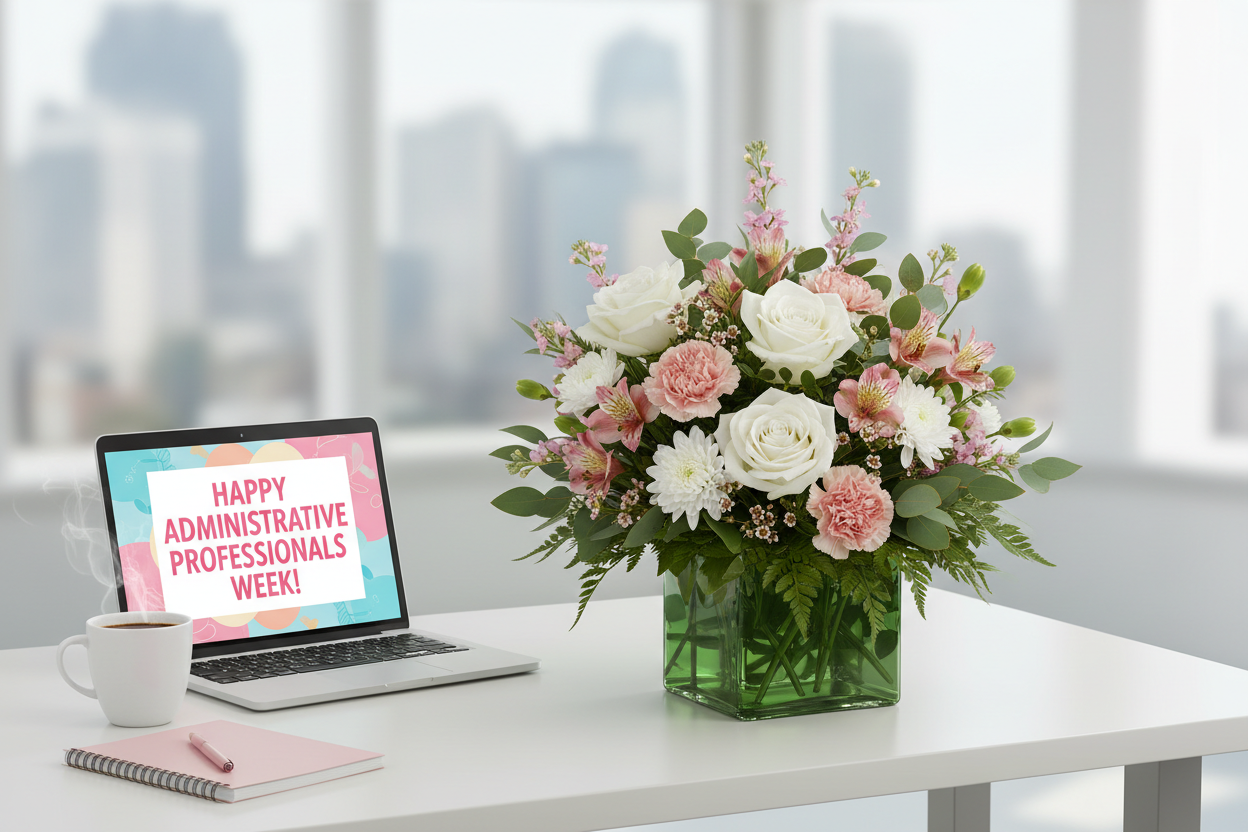 Pops of Pink Bouquet in an office setting