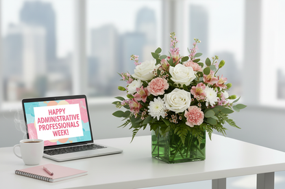 Pops of Pink Bouquet in an office setting
