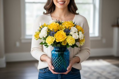 Woman holding the Golden Blue Bouquet