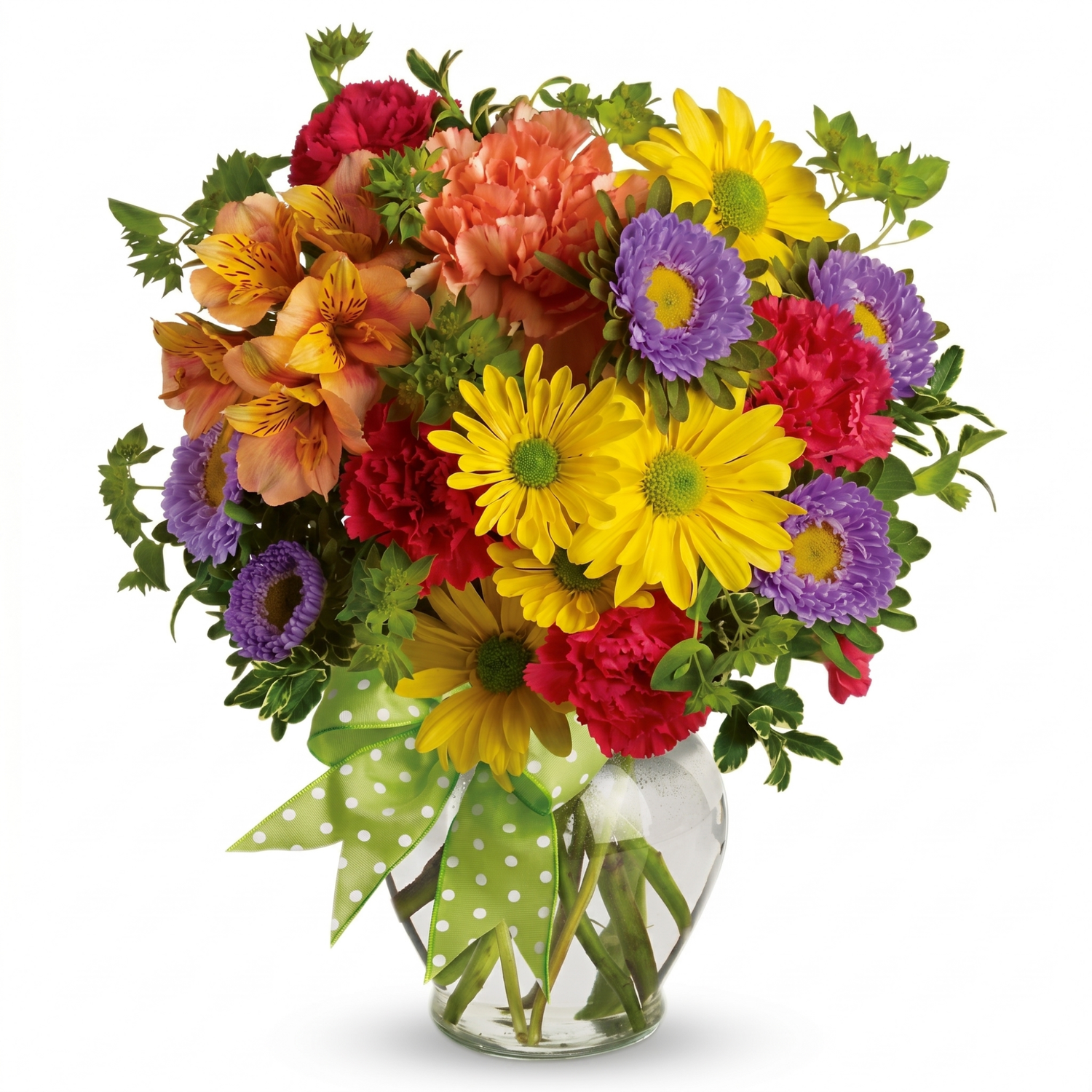 Make a wish colorful mixed bouquet with yellow gerbera daisies, purple asters and orange alstroemeria in round glass vase