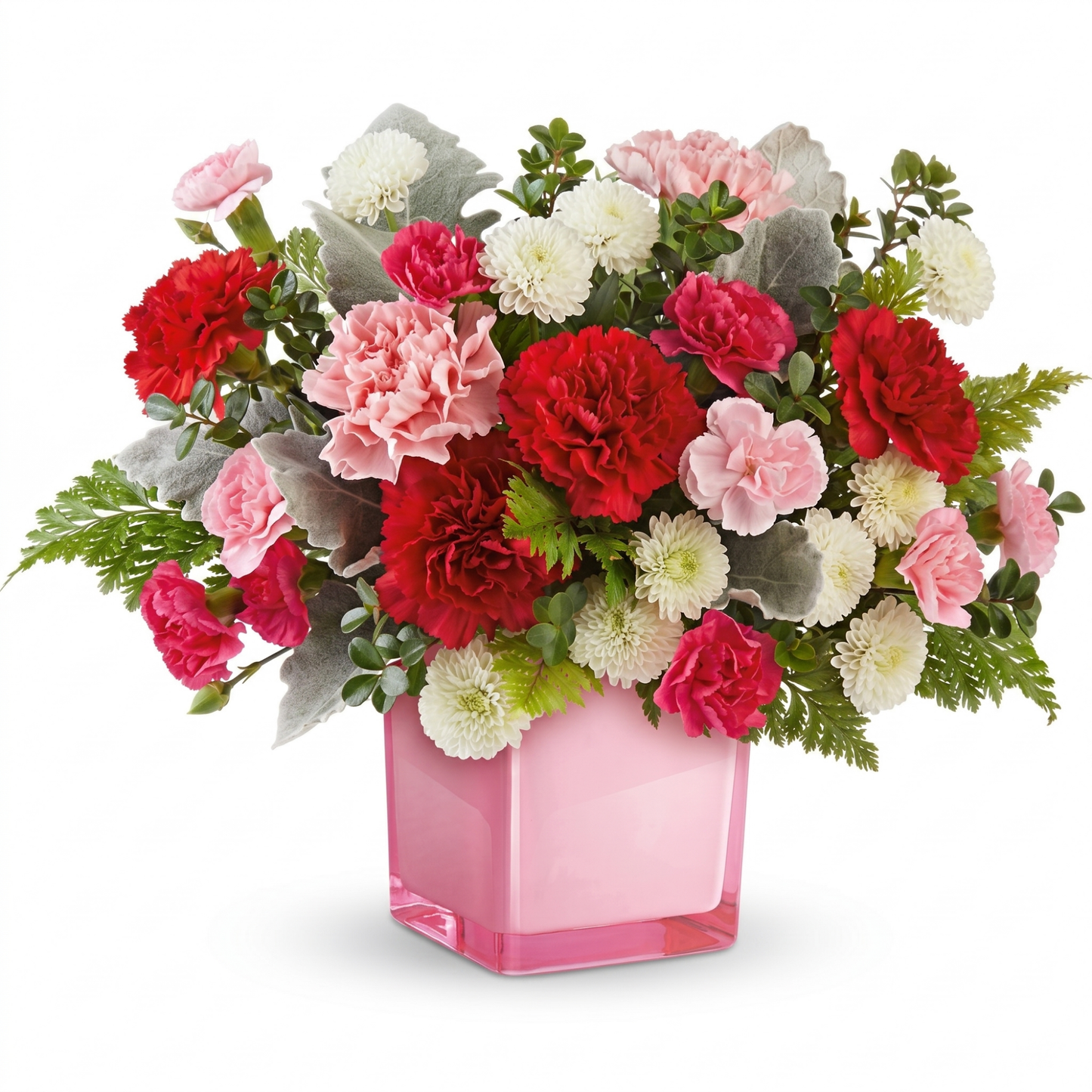 Pink tranquil love bouquet with red and pink carnations, white button mums in pink glass cube vase