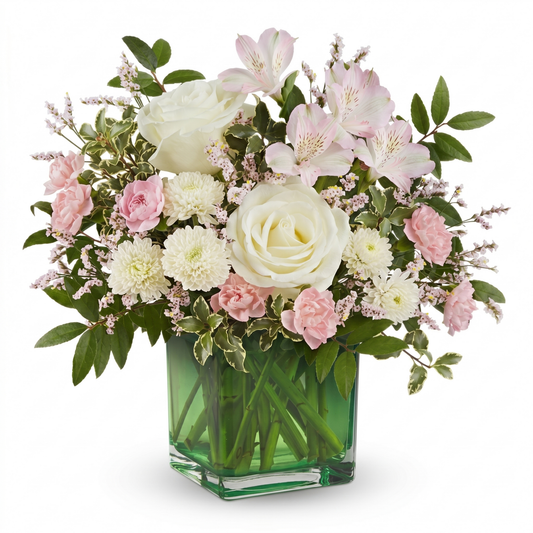 Pops of pink bouquet with white roses, pink carnations, white button mums and alstroemeria in emerald green glass cube vase