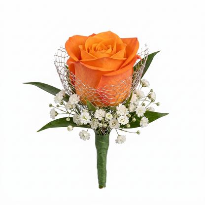 Orange rose prom boutonniere with baby's breath, silver mesh netting and green leaves