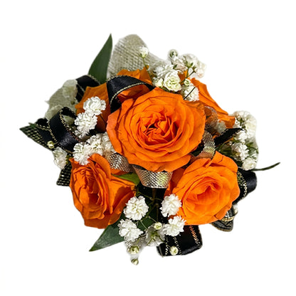 Orange rose prom wrist corsage with white wax flowers, silver mesh netting and black gold plaid ribbon bow