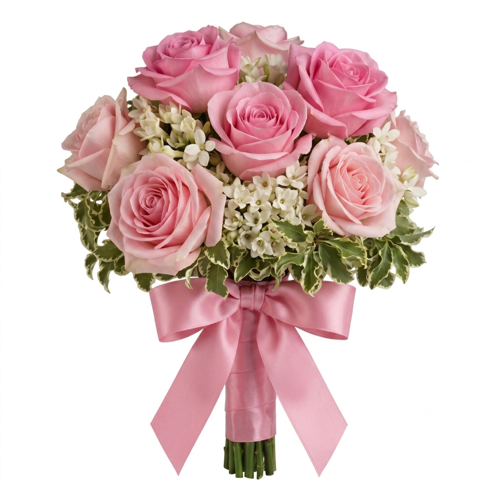 Pink and blush rose prom hand tied bouquet with white wax flowers and pink satin ribbon bow