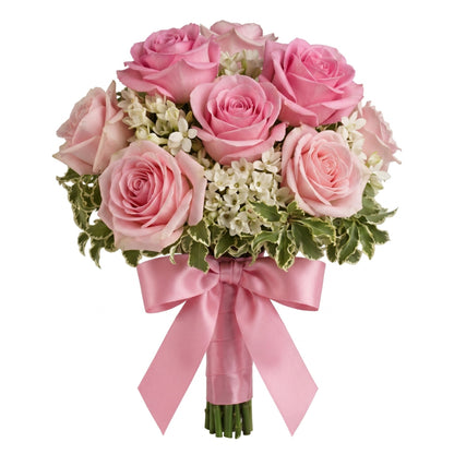 Pink and blush rose prom hand tied bouquet with white wax flowers and pink satin ribbon bow