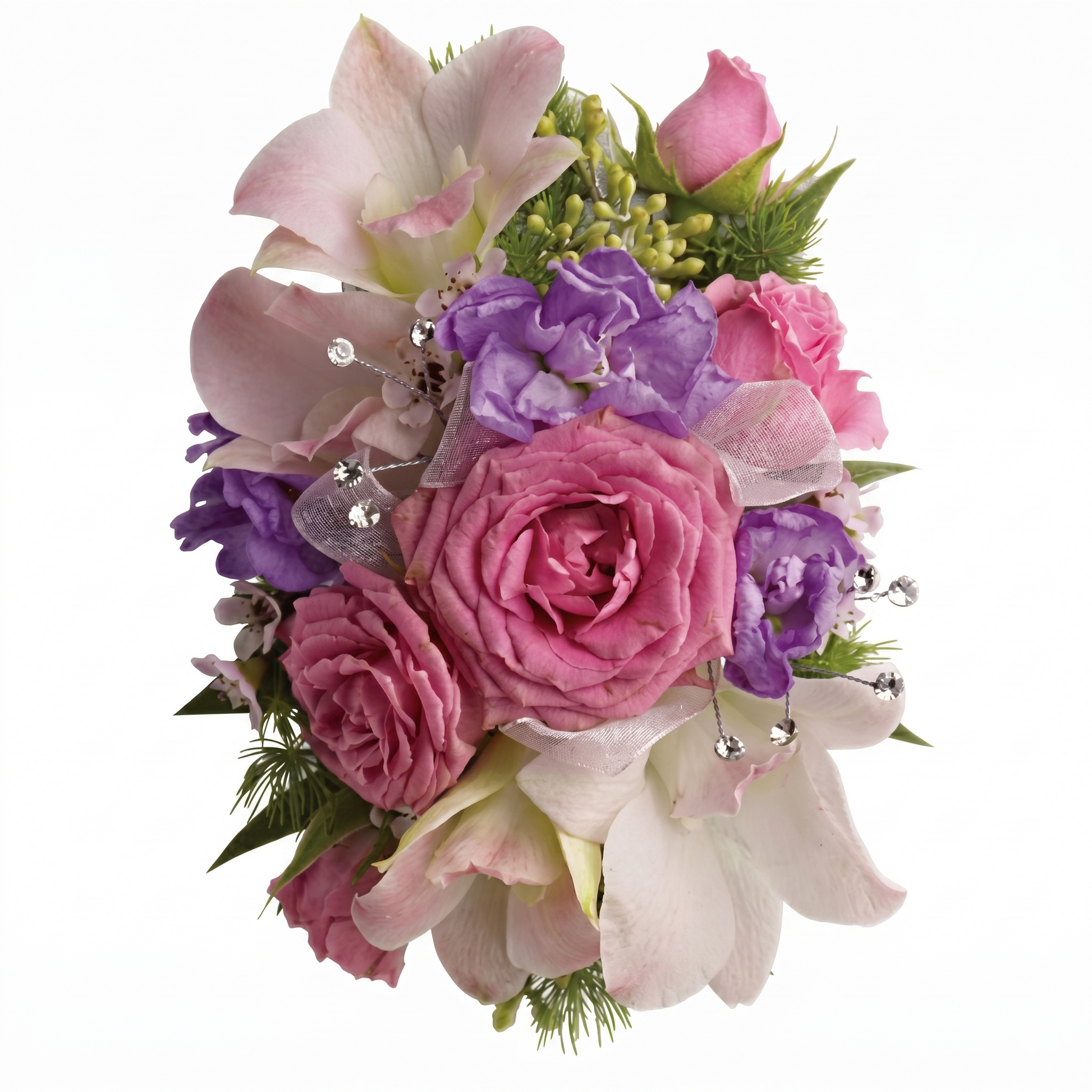 Pink and purple orchid rose prom wrist corsage with lisianthus, rhinestone pin picks, sheer organza ribbon and mixed greenery