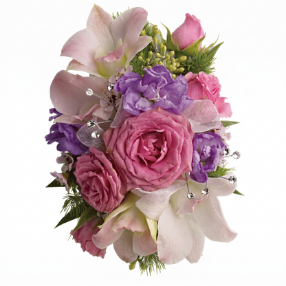 Pink and purple orchid rose prom wrist corsage with lisianthus, rhinestone pin picks, sheer organza ribbon and mixed greenery