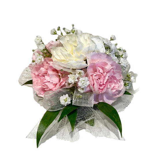 Pink and white carnation prom wrist corsage with baby's breath, silver shimmer mesh netting and sparkling silver ribbon bow