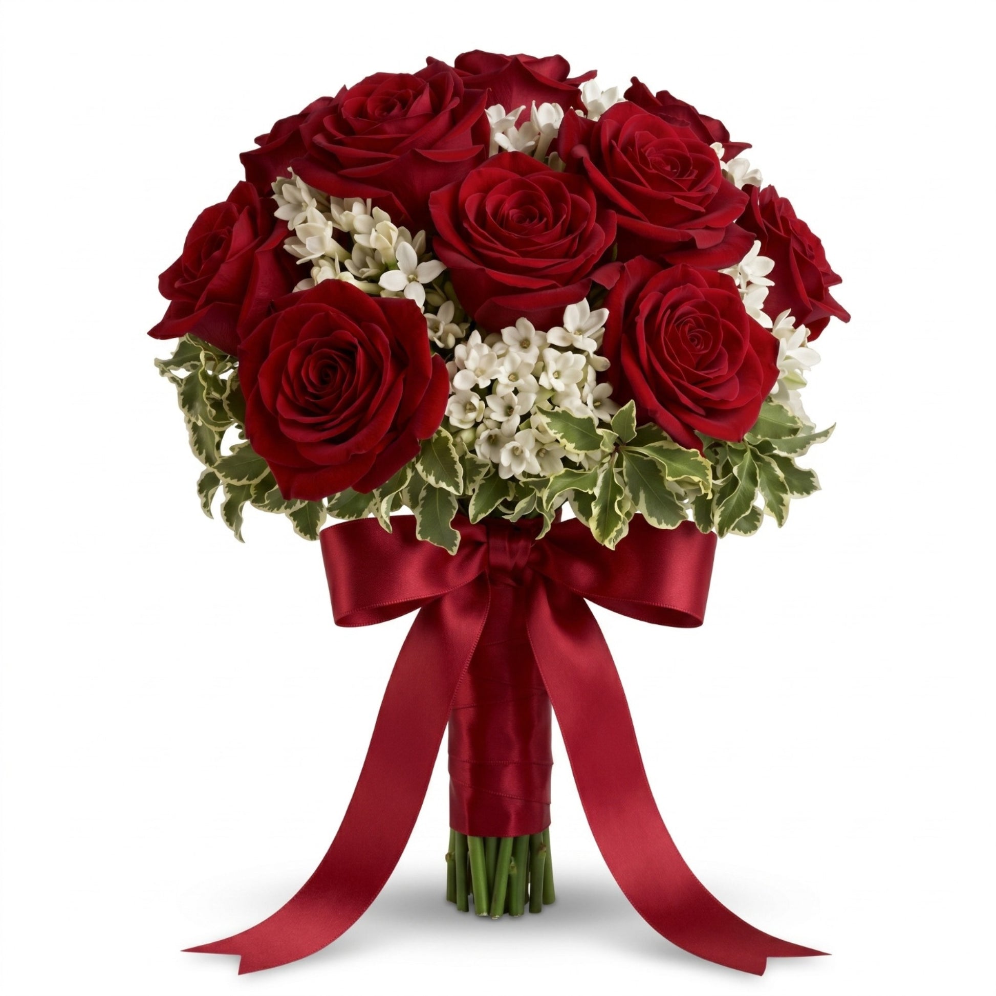 Red rose prom hand tied bouquet with white wax flowers and red satin ribbon bow