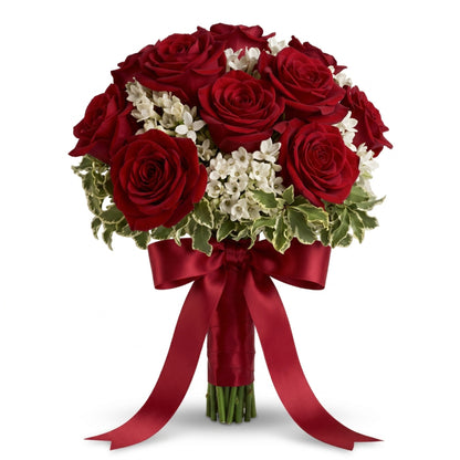 Red rose prom hand tied bouquet with white wax flowers and red satin ribbon bow