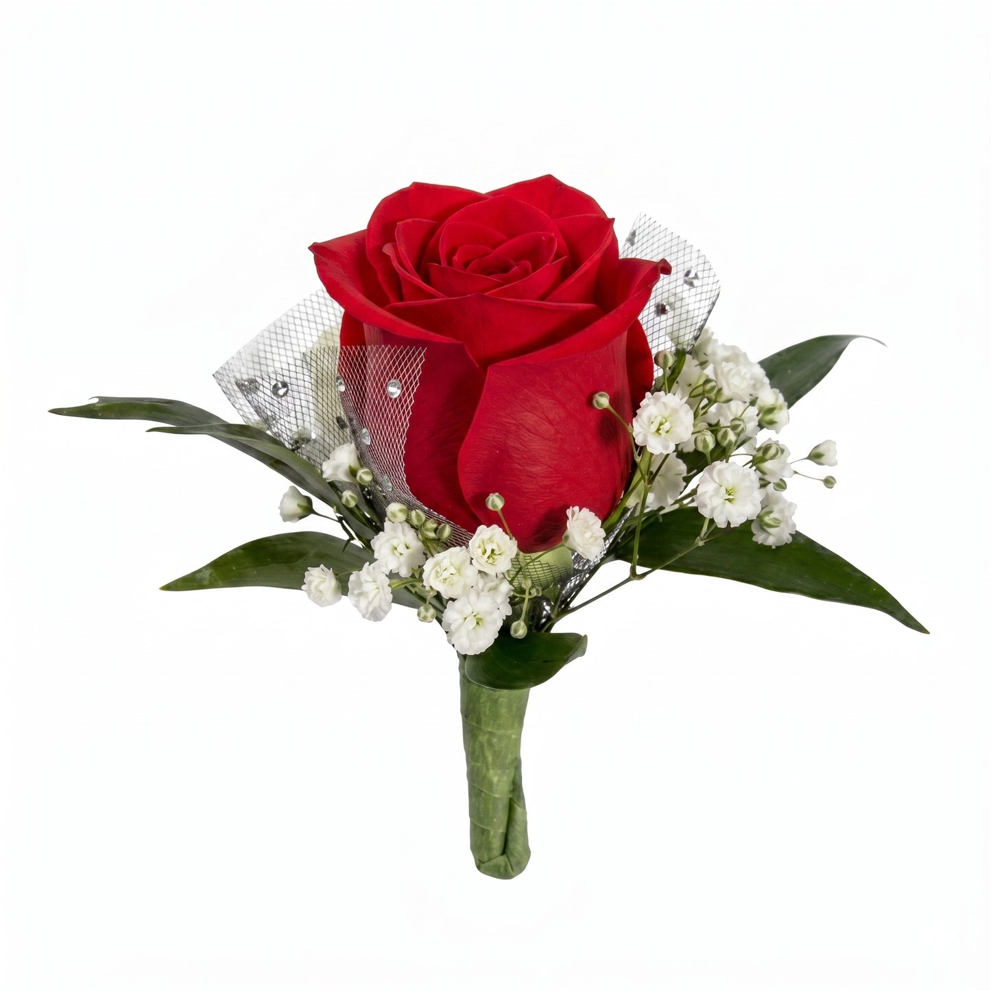 Red rose prom boutonniere with baby's breath, silver mesh netting with rhinestone accents and green leaves
