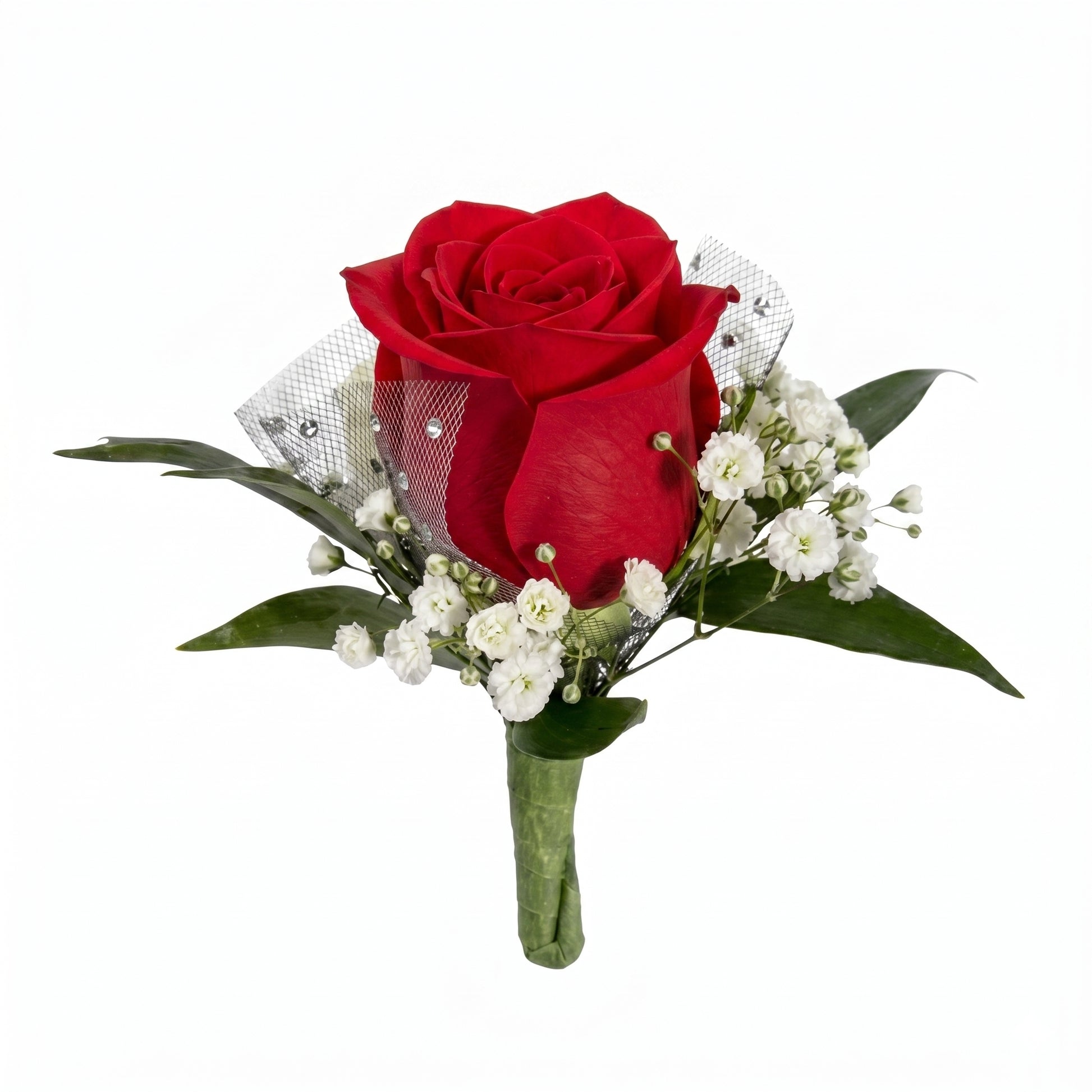 Red rose prom boutonniere with baby's breath, silver mesh netting with rhinestone accents and green leaves