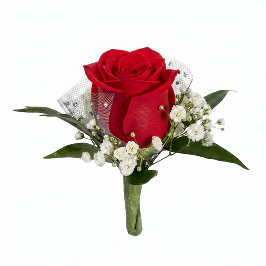Red rose prom boutonniere with baby's breath, silver mesh netting with rhinestone accents and green leaves