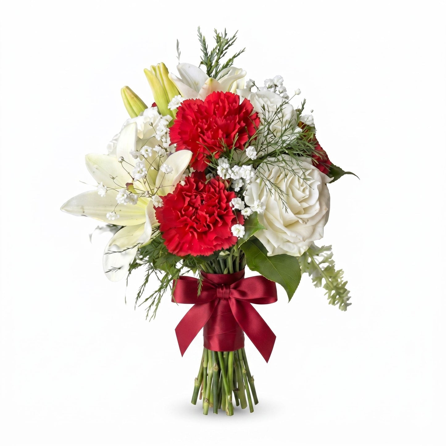 Red and white prom hand-tied bouquet with red carnations, white garden rose, asiatic lilies and red satin ribbon bow