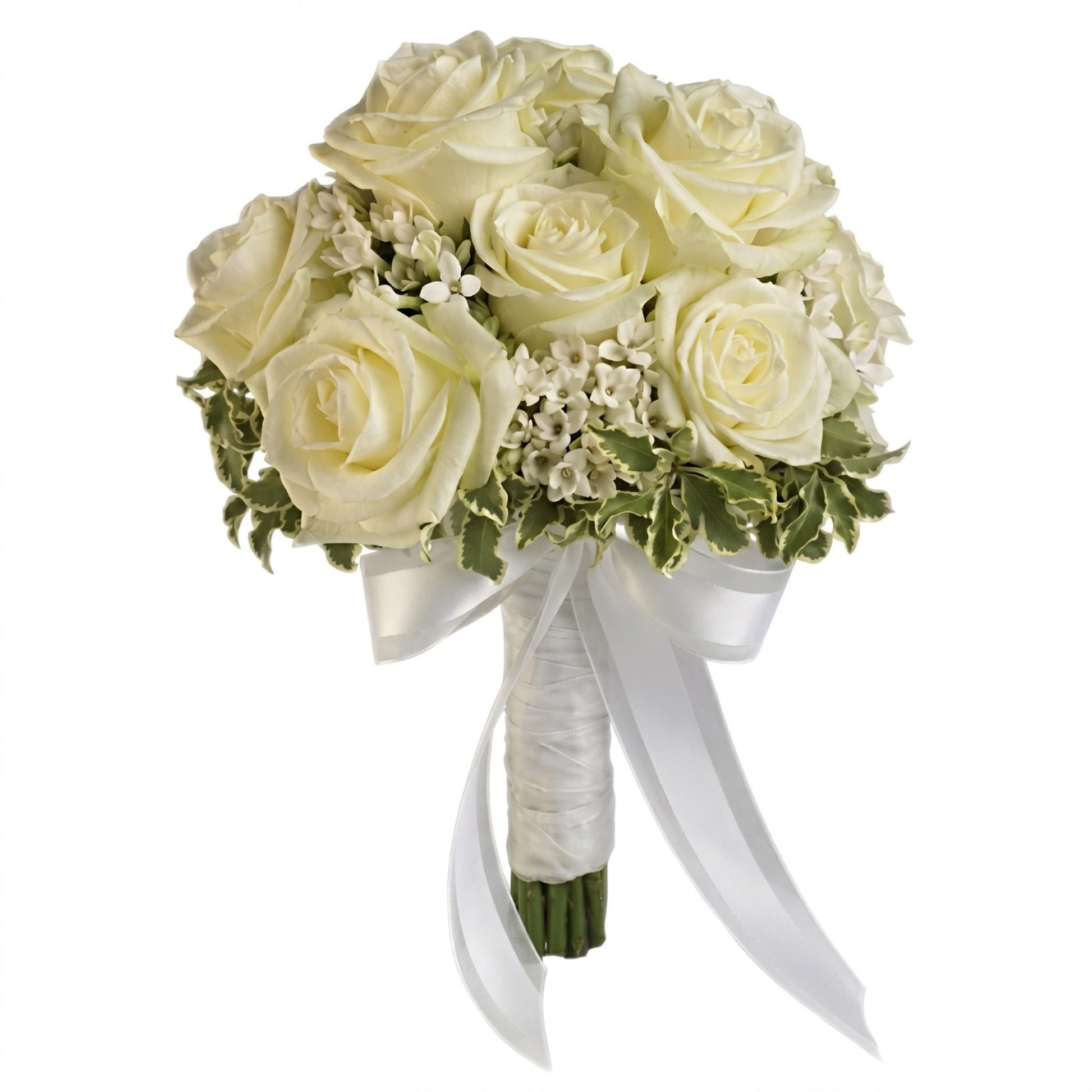 Ivory white rose prom hand tied bouquet with wax flowers and white satin ribbon wrap and bow