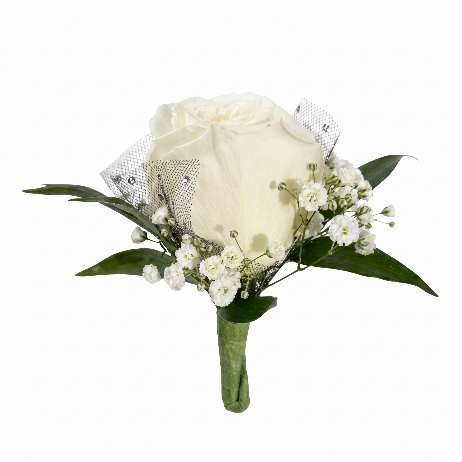 White rose prom boutonniere with baby's breath, silver mesh netting and green leaves