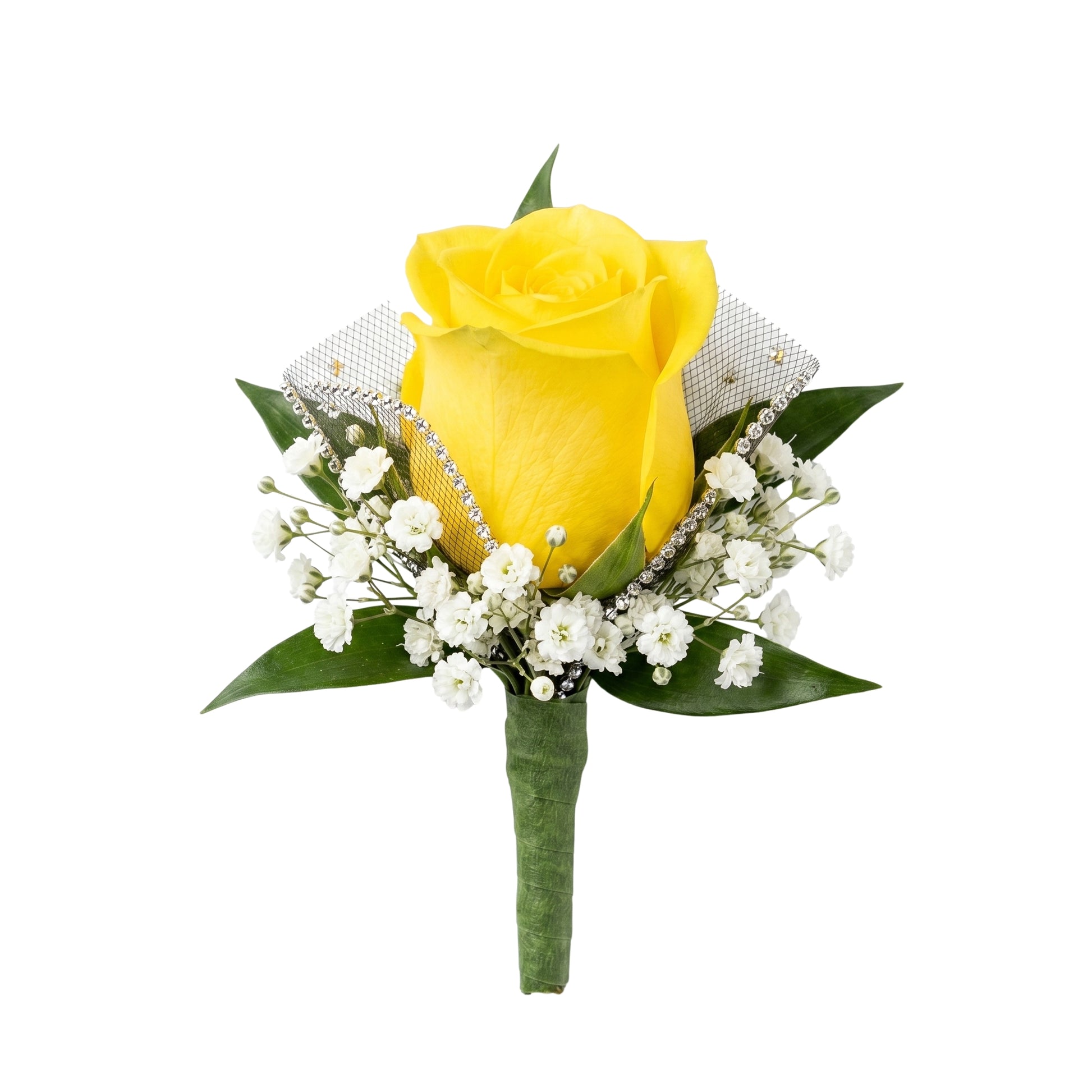 Yellow rose prom boutonniere with baby's breath, silver mesh netting, rhinestone trim and green leaves