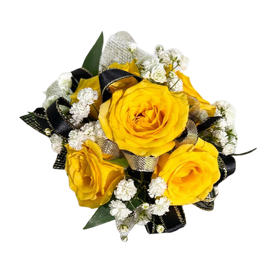 Yellow rose prom wrist corsage with white wax flowers, silver mesh netting and black silver plaid ribbon bow