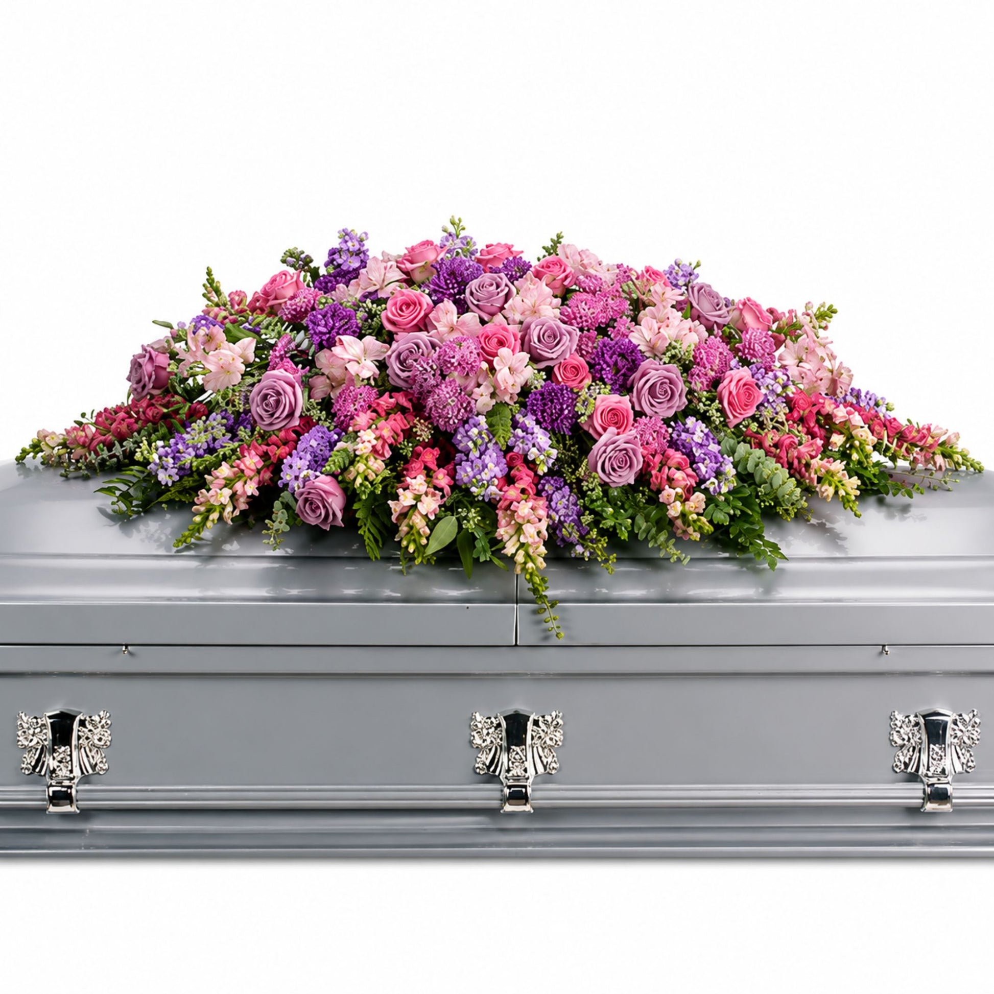 Lavender and pink rose casket spray with purple statice