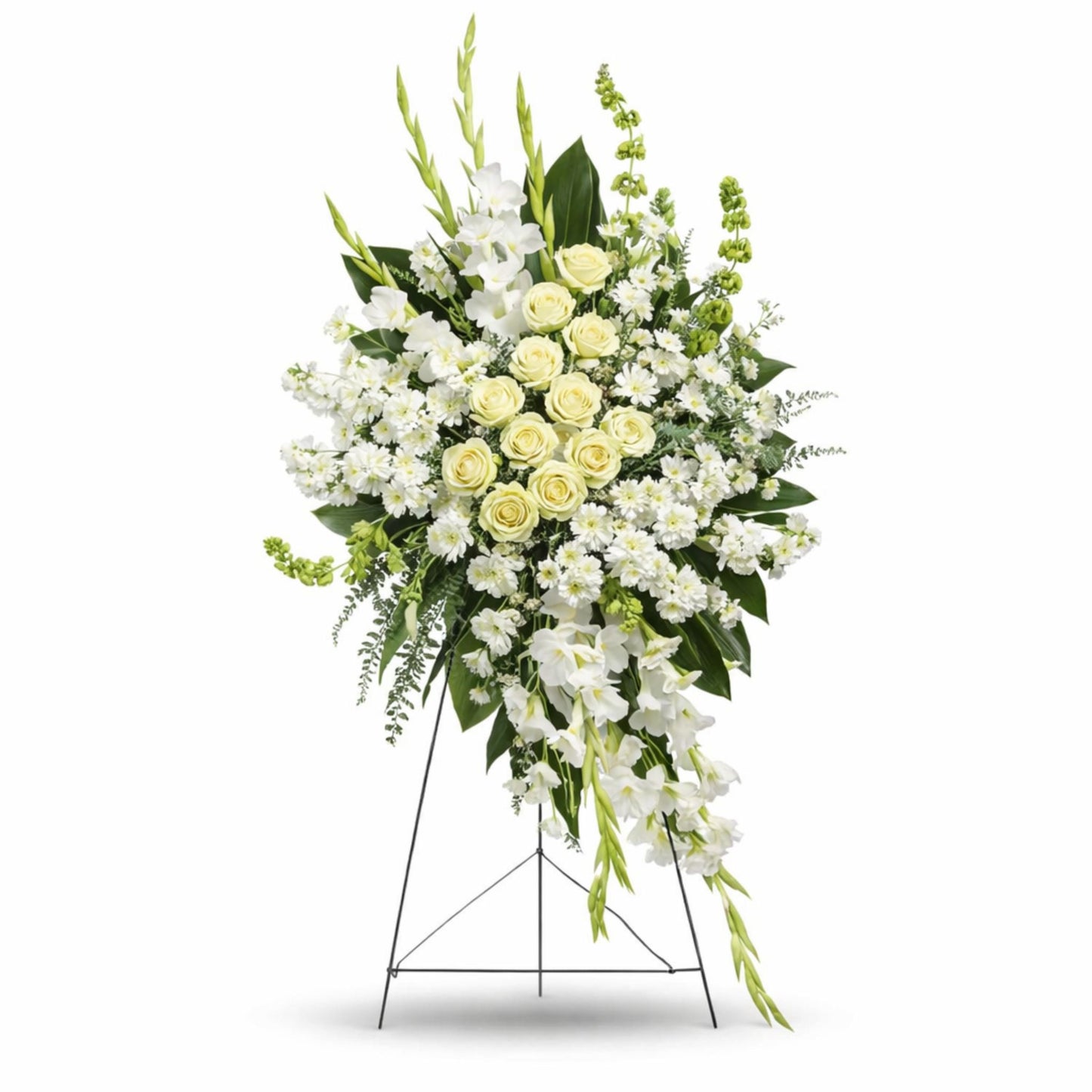 Cream rose and white gladiolus standing spray with bells of Ireland