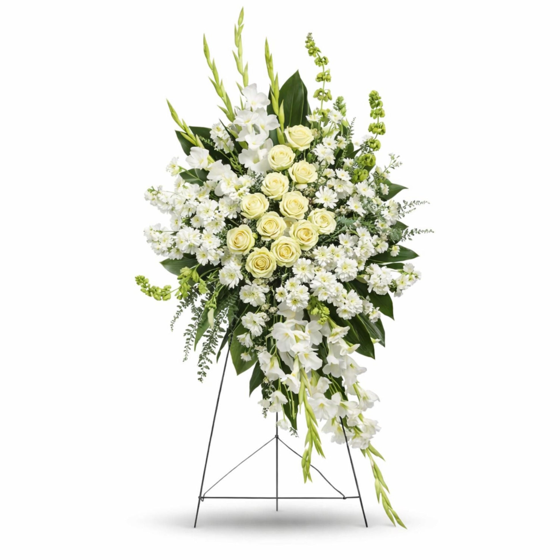 Cream rose and white gladiolus standing spray with bells of Ireland