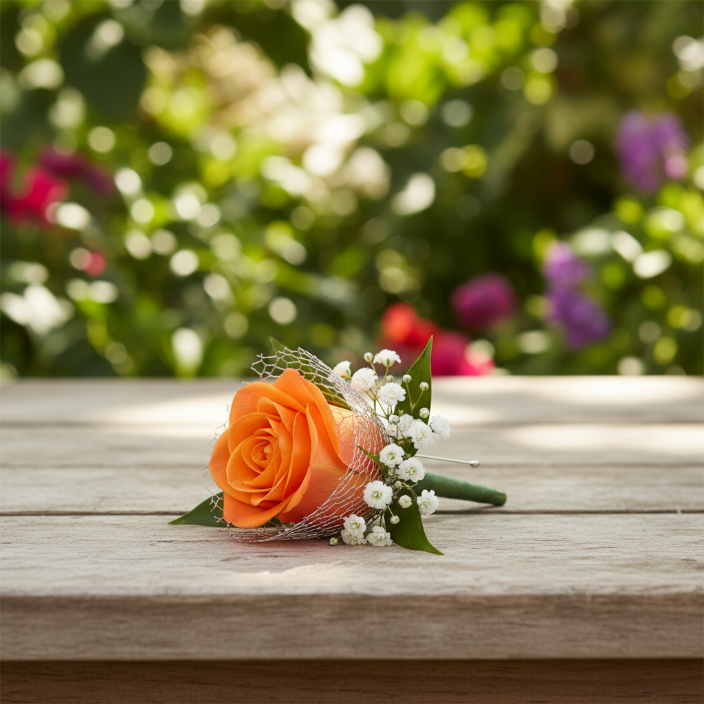 Orange Rose Boutonniere in Natural Setting