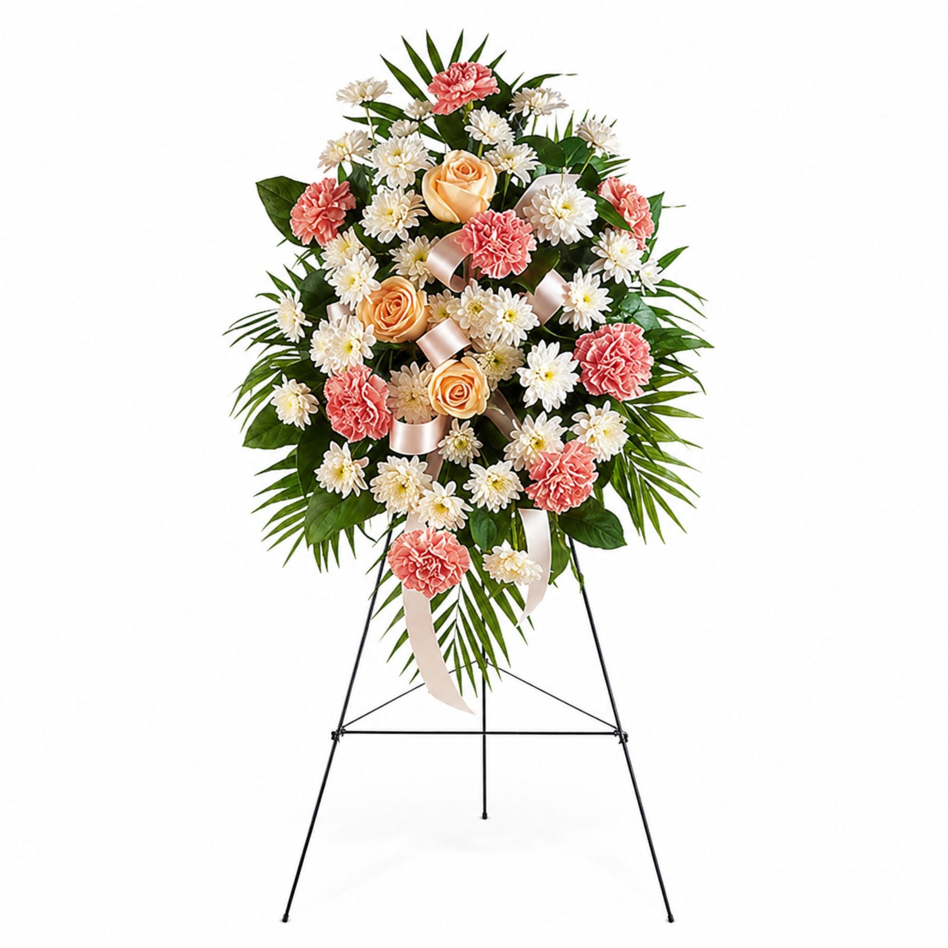 Peach rose and white daisy funeral standing spray with ribbon