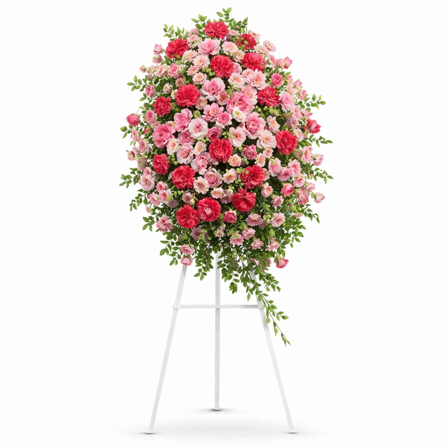 Pink and fuchsia rose funeral standing spray on white easel
