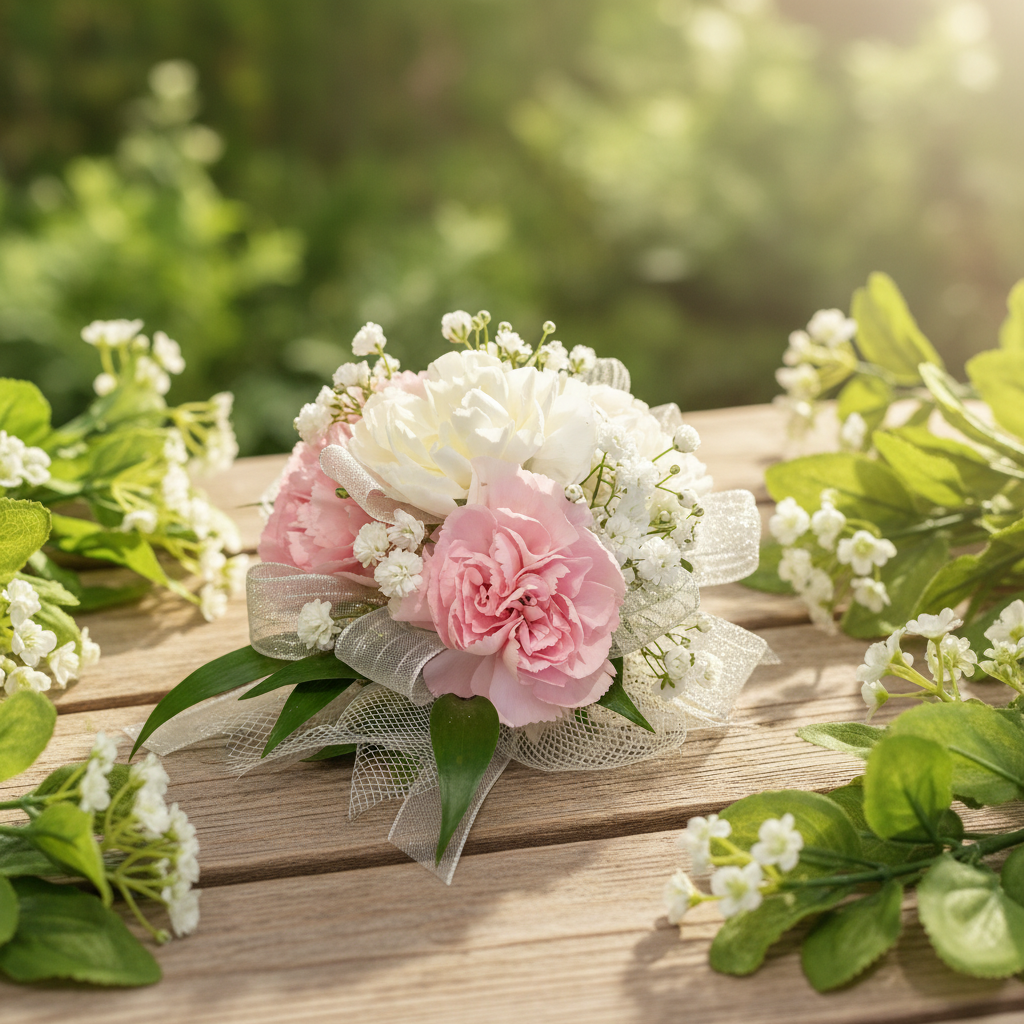 Pink & White Carnation Wrist Corsage in Natural Setting