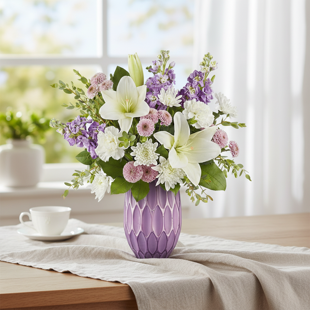 Purple Lovely Pastels Bouquet in elegant setting