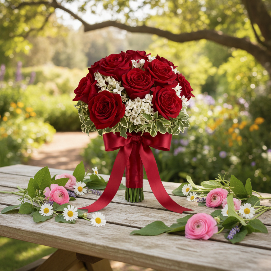 Red Hand Tied Bouquet in Natural Setting