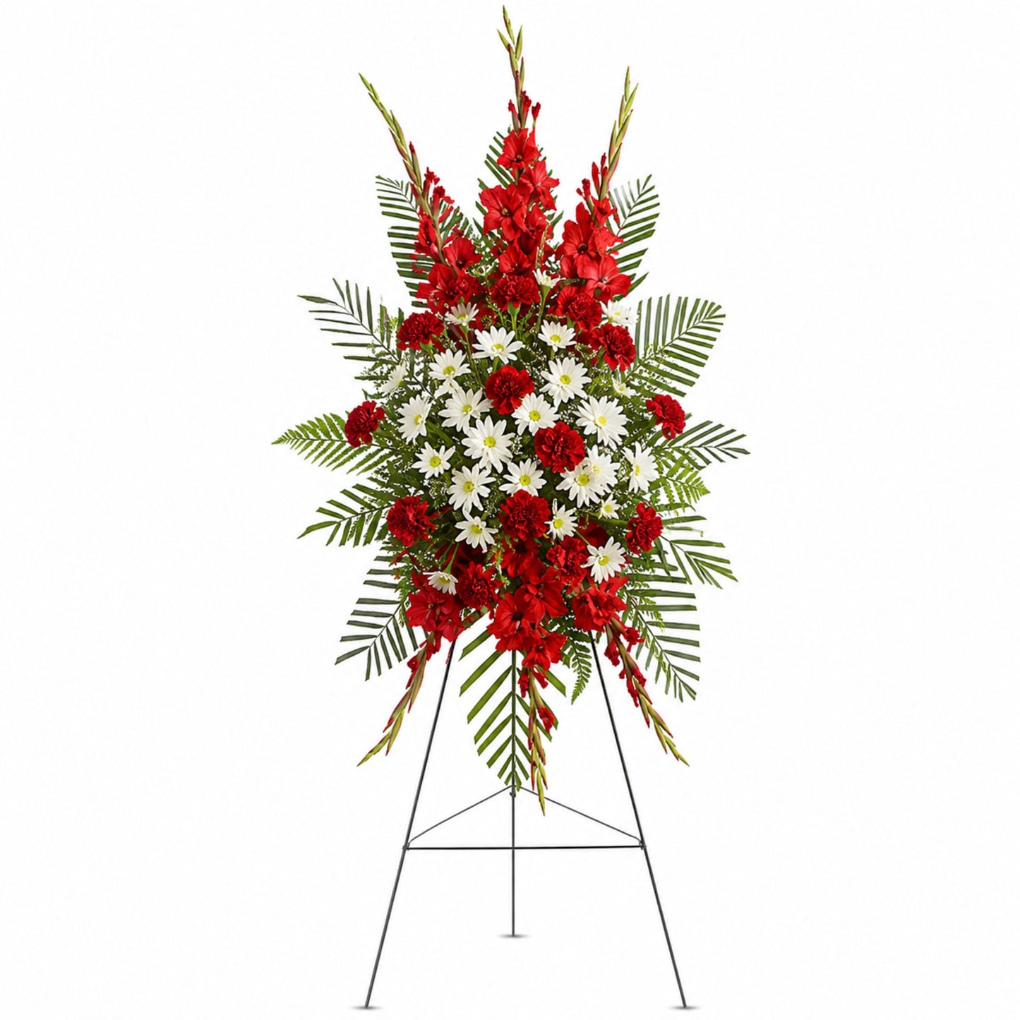 Red gladiolus, carnation & white daisy funeral standing spray on wire easel