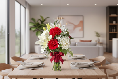 Red & White Hand-Tied Bouquet – Interior Setting